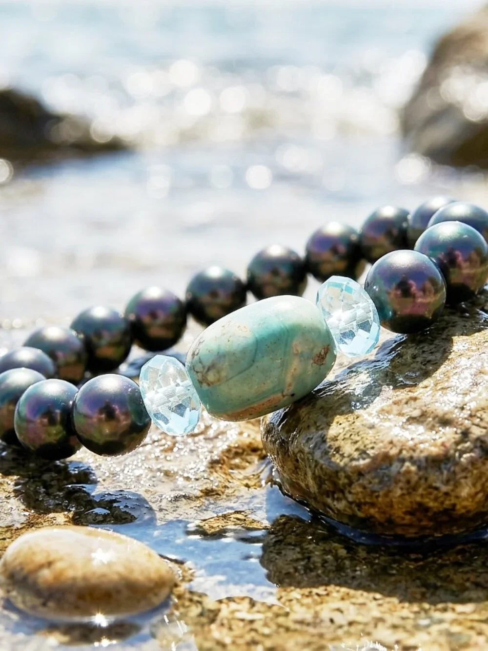 Pearl Bracelet w/Dragon Skin Agate & Aquamarine, Everyday Quiet Luxury Gift